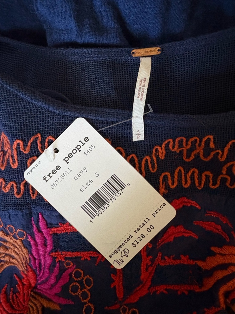 NWT Free People Navy Boho Embroidered Swing Top | Pink & Orange Accents | Linen - Picture 4 of 6